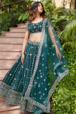 Sequins Embroidered Teal Green Net Flared Style Lehenga