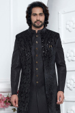 Silk Black Men's Sherwani With Zari Embroidered Jacket