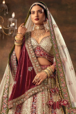 Silk Blend Cream Beige Panelled Style Embroidered Lehenga