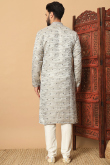 Silk Blend Light Grey Kurta Churidar With Weaved Sequin Work For Diwali