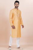 Silk Blend Light Orange Men's Kurta Churidar With Foil Print 