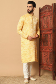 Silk blend Light Yellow Kurta Churidar With Weaved Thread Work