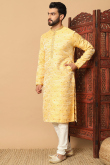 Silk blend Light Yellow Kurta Churidar With Weaved Thread Work