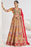 Silk Blend Mustard Yellow Embroidered Flared Lehenga