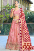 Silk Blend Salmon Pink Lehenga with Zari Work for Wedding