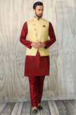 Silk Dark Maroon Men Jacket Style Kurta Pajama