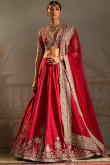 Silk Deep Red Zari Embroidered Panelled Style Lehenga 