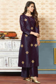 Silk Embroidered Eid Straight Pant Suit In Violet Color 