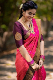 Silk Fuchsia Pink Zari Weaved Broad Border Saree