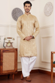 Silk Light Beige Men's Woven Zari Kurta With Straight Pants