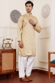 Silk Light Beige Men's Woven Zari Kurta With Straight Pants