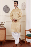 Silk Light Beige Men's Woven Zari Kurta With Straight Pants