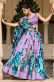 Silk Light Purple Floral Print Flared Style Lehenga