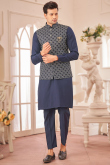 Silk Men's Plain Pastel Dark Blue Kurta Pajama With Embroidered Jacket 