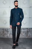 Silk Men's Prussian Blue Jodhpuri Style Weaved Thread Sherwani