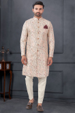 Silk Men's Ivory Resham Embroidered Front Slit Sherwani 
