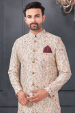 Silk Men's Ivory Resham Embroidered Front Slit Sherwani 