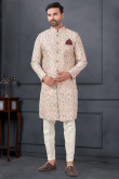 Silk Men's Ivory Resham Embroidered Front Slit Sherwani 