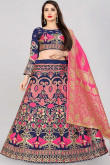 Silk Navy Blue Woven Zari Panelled Style Lehenga 