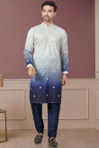 Silk Off White Embroidered Straight Cut Men's Kurta With Churidar