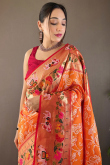 Silk Orange Weaved Thread Broad Border Saree