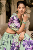 Silk Sage Green Floral Print Flared Style Lehenga