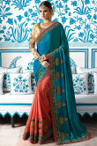 Rama and Pink Satin and Silk Saree With Tissue Blouse