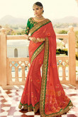 Chilly Red Silk and Banarasi Silk Saree With Silk Blouse