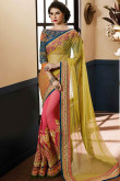 Pink with yellow Georgette and net Saree With Art silk Blouse