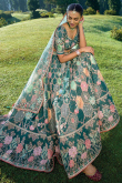Silk Teal Blue Resham Embroidered Panelled Lehenga