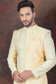 Silk Weaved Pale Yellow Men's Asymmetrical Sherwani