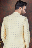 Silk Weaved Pale Yellow Men's Asymmetrical Sherwani