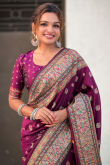 Weaved Broad Border Saree in Wine Maroon Silk