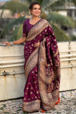 Weaved Broad Border Saree in Wine Maroon Silk