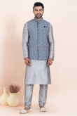 Silver Dupion Silk Jacket Style Men's Churidar Kurta