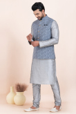 Silver Dupion Silk Jacket Style Men's Churidar Kurta