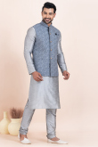 Silver Dupion Silk Jacket Style Men's Churidar Kurta