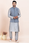Silver Dupion Silk Jacket Style Men's Churidar Kurta