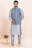 Silver Dupion Silk Jacket Style Men's Churidar Kurta