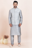 Silver Dupion Silk Jacket Style Men's Churidar Kurta 
