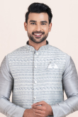 Silver Dupion Silk Jacket Style Men's Churidar Kurta 