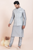 Silver Dupion Silk Jacket Style Men's Churidar Kurta 