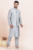 Silver Dupion Silk Jacket Style Men's Churidar Kurta 