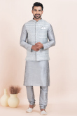 Silver Dupion Silk Jacket Style Men's Churidar Kurta 