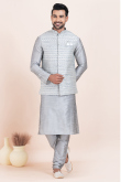 Silver Dupion Silk Jacket Style Men's Churidar Kurta 