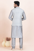 Silver Dupion Silk Jacket Style Men's Churidar Kurta 