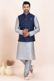 Silver Dupion Silk Jacket Style Men's Churidar Kurta