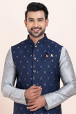 Silver Dupion Silk Jacket Style Men's Churidar Kurta