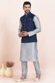 Silver Dupion Silk Jacket Style Men's Churidar Kurta