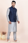 Silver Dupion Silk Jacket Style Men's Churidar Kurta